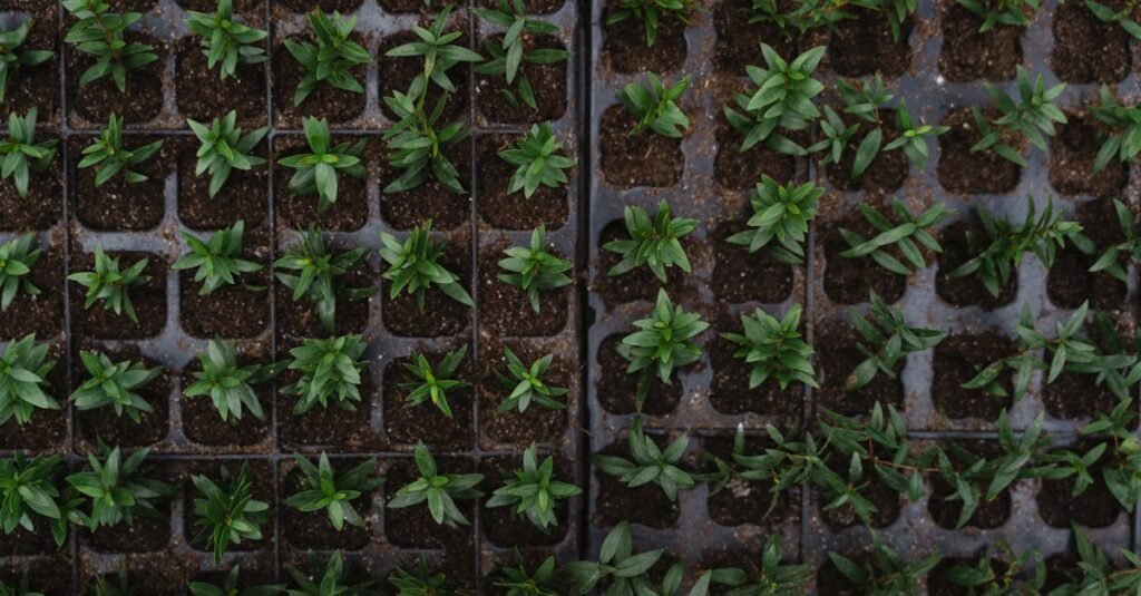 🌱 How to Choose the Right Seedling Tray? (Complete Guide) Top view of vibrant green seedlings arranged in nursery trays, ready for planting.